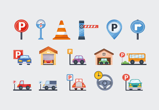 Colorful Parking Vehicle Street Icons Set
