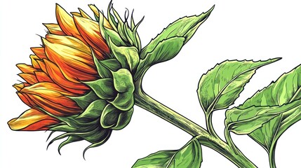 Vibrant Sunflower Illustration with Green Leaves 1.