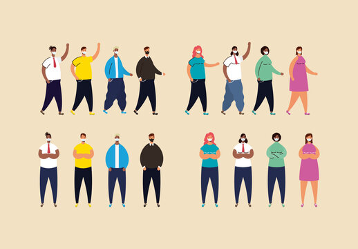 Colorful Social Distancing Pandemic Crowd Distance Protection Illustrations Set