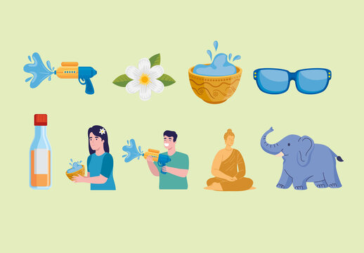 Colorful Songkran Celebration Buddha Festival Water Illustrations Set