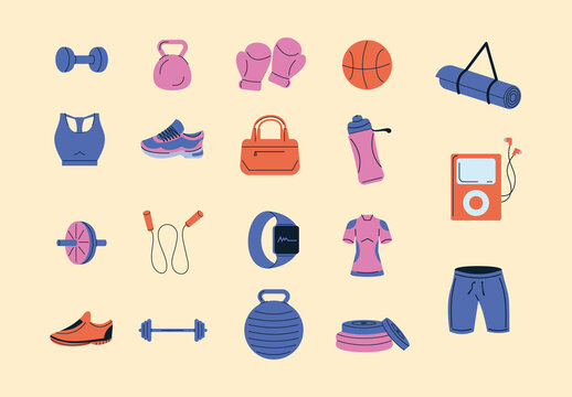 Colorful Sports Fitness Equipment Accessories Illustrations Set