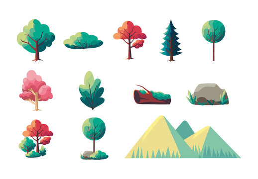 Colorful Spring Nature Mountain Illustrations Set
