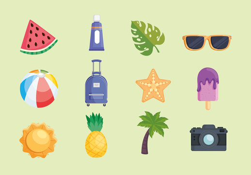 Colorful Summer Beach Vacation Illustrations Set