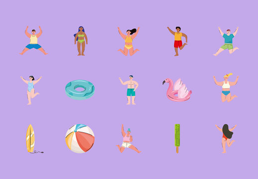 Colorful Summer Swimsuit People Beach Pool Illustrations Set