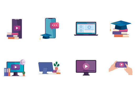 Colorful Video Devices Digital Learning Illustrations Set