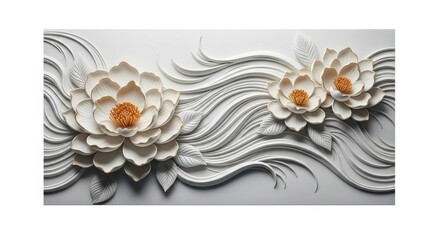 Elegant white lotus flowers on wavy background
