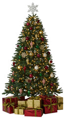 majestic fraser fir christmas tree decorated with classic red, green, and gold mercury glass ornaments and glowing warm lights, on luxury gifts against a transparent studio background with copy space.