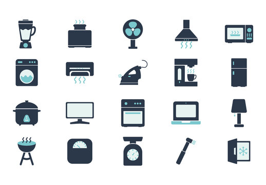 Dark And Blue Home Appliances Electronic Devices Icons Set