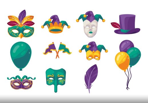 Multicolor Mardi Gras Carnival Mask Festive Icon Set