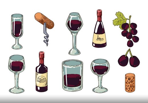 Multicolor Wine Glass Bottle Grapes Cork Cherry Illustrations Set