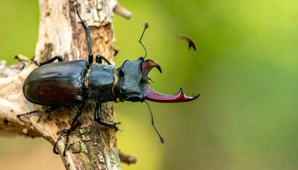 Stag beetle with prominent mandibles perches on a twig against a blurred, leafy green background in natural light