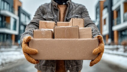 Delivery person wearing gloves holds an open cardboard box filled with smaller packages in a snowy urban environment with modern buildings in the background