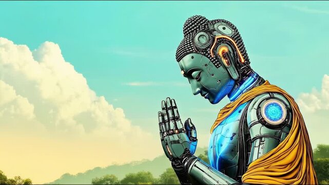 Futuristic robot Buddha meditation statue with yellow robe and prayer hands set against bright sky clouds and green tree landscape blending technology spirituality serenity