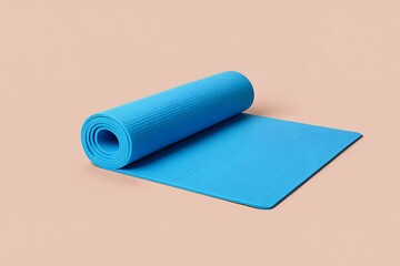 Obraz premium Bright blue yoga mat partially unrolled on a neutral beige background for fitness and exercise
