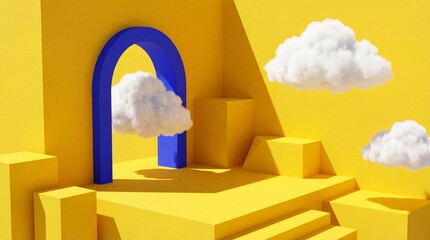 3D rendered blue archway with yellow geometric shapes and white clouds in bright sunny lighting for modern architecture