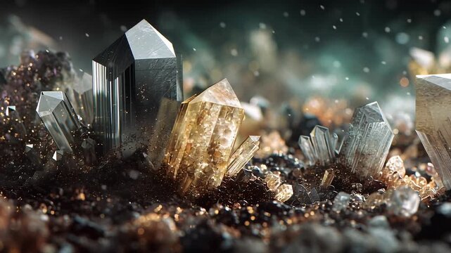 Rare earth materials enabling the clean energy transition concept, refined mineral crystals powering energy-efficient infrastructure and advanced systems, subtle energy flow visuals, muted eco