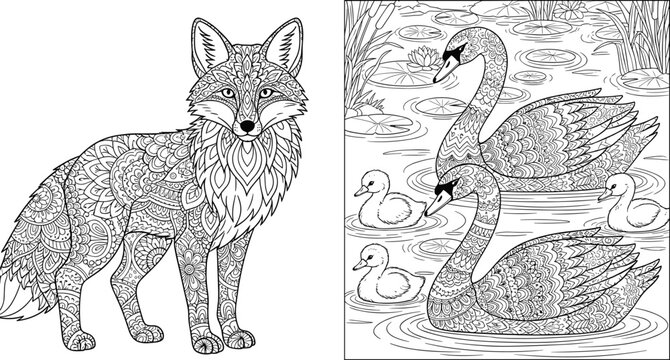 Intricate mandala fox and swan coloring pages, detailed zentangle animal patterns, stress relief art illustration set, nature wildlife pond vector.
