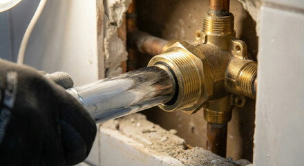 Gloved hand installing chrome pipe sleeve onto brass wall valve fitting