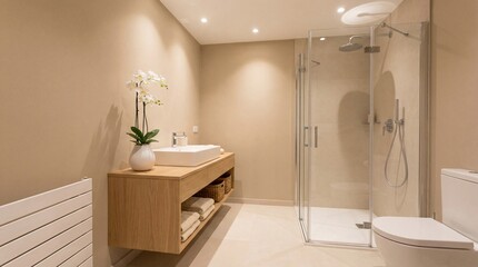 Modern Bathroom Interior with Beige Tones and Glass Shower Enclosure in Soft Lighting for Home Decor