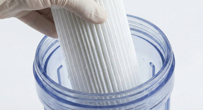 Gloved hand inserting new pleated water filter cartridge into housing