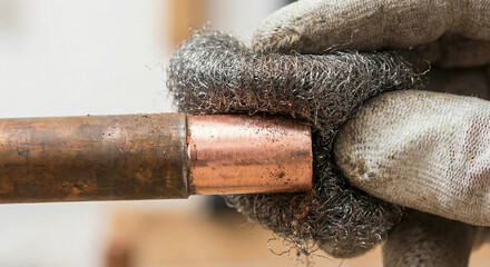 Plumber hands cleaning copper pipe end with abrasive pad before soldering