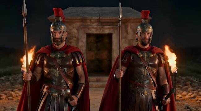 Two Roman legionaries guarding ancient entrance with torches at night