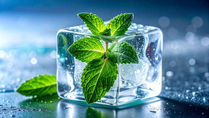 Green Mint Sprig Frozen in a Clear Ice Cube with Bokeh Background