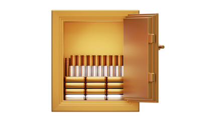 safes contain treasure gold bar and silver coins with the door open 3D rendering