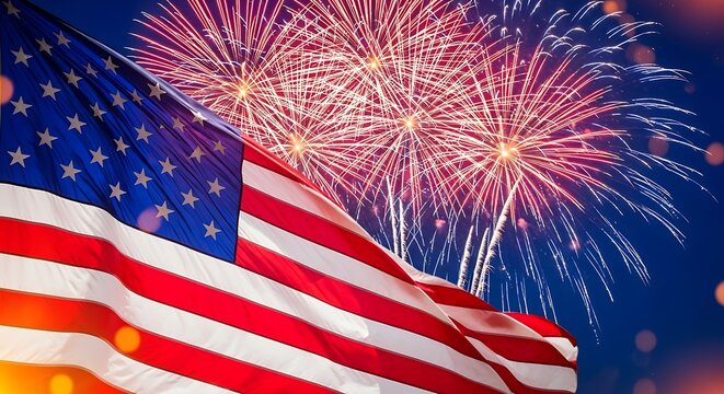 Vibrant fireworks display illuminating the night sky with the american flag