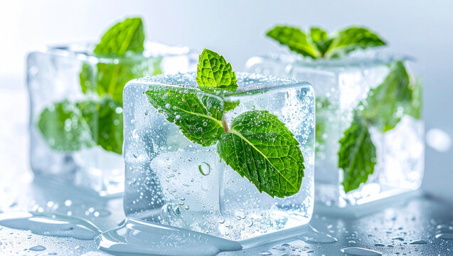 Fresh Mint Frozen in Ice Cube, Wellness and Cooling Concept