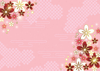 鹿の子雲、文様花、和風背景、かわいい、ピンク、横