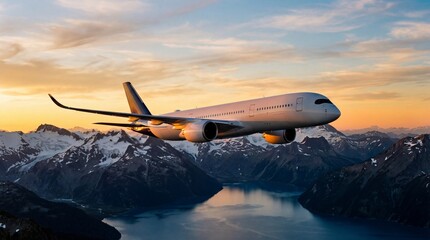 Commercial Airplane in Flight over Snowy Mountains and Lake at Sunset in Warm Golden Light for Travel Advertising