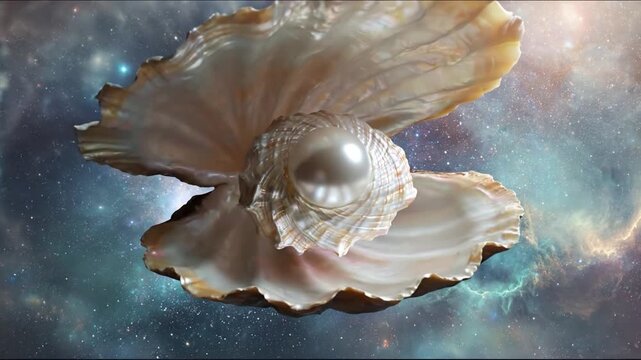A clam shell, housing a pearl, floats against a backdrop of a nebula in space