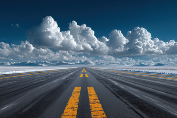 Endless highway through snowy landscape with dramatic cloudy sky
