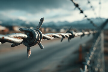 Close-up of rusty barbed wire fence with mountains in background
