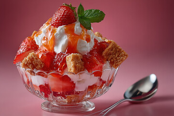 Strawberry shortcake delight in glass bowl with whipped cream and syrup