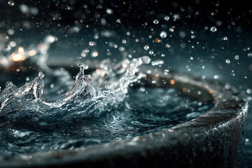 Close-up of splashing water droplets in a fountain at night