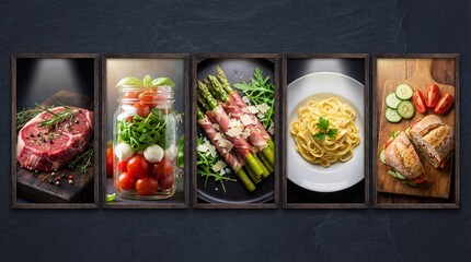 Gourmet dishes in modern rustic frames with warm studio lighting for culinary blog