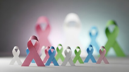 Assorted awareness ribbons stand together in a studio setting, symbolizing unity and hope.