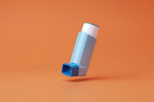 A light blue inhaler floats against a warm orange background studio shot