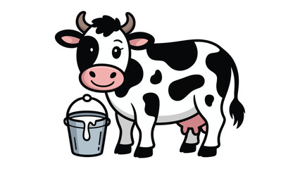 Fototapeta premium Dairy Delight: A charming illustration of a happy cow standing beside a milk bucket, capturing the essence of wholesome dairy farming and rural life.