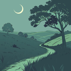 Quiet Countryside Evening Landscape with Moon Outline