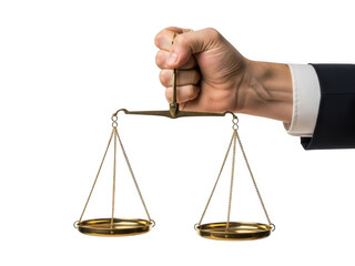 Hand holding brass scales of justice isolated on transparent background symbolizing law and order