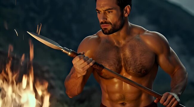 Ancient Man with Spear Sharpening by Campfire: Primal Survival Concept