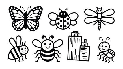 Whimsical insect illustration: A collection of delightful, simple illustrations of various insects, exuding charm and playfulness. The drawings are in black outline on a clean canvas. © mstmahmuda