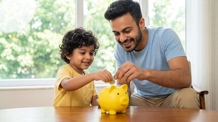 Happy father and son learning to save money together