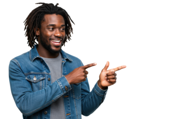 young charismatic african american man in a denim jacket, pointing excitedly toward copy space on a high-key studio white background, medium shot portrait. concept for directional advertising