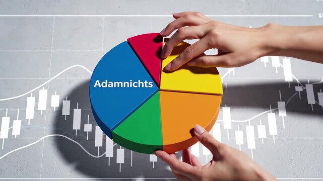 Hands assembling a colorful pie chart with the word adamnichts over a stock market graph background
