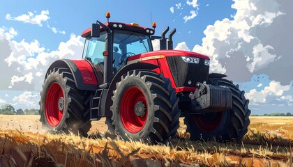 Obraz premium Red tractor in golden field under blue sky with white clouds, side view, modern farming, rural