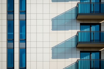 Generative AI Modern Building Facade with Distinct Shadows and Blue Railings